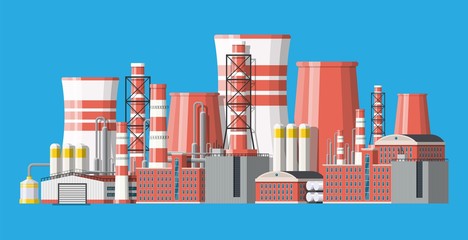 Factory icon building. Industrial factory, power plant. Pipes, buildings, warehouse, storage tank. Vector illustration in flat style