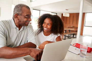 Teenage black girl helping her grandfather use a laptop computer, smiling at each other, close up