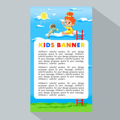 Summer Kids. Vector illustration of kid  playing on clouds with a paper airplane for summer camp poster. Template for advertising brochure, your text. Ready for your message.