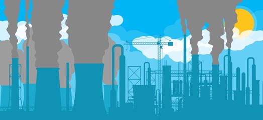 Panoramic industrial silhouette landscape. Smoking factory pipes. Plant pipes, sky with sun. Carbon dioxide emissions. Environment contamination. Pollution of environment co2. Vector illustration