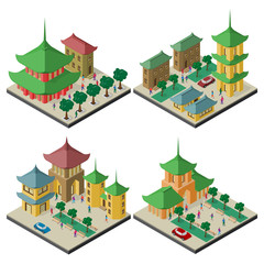 Set of isometric cityscapes with east asia buildings and infrastructure.