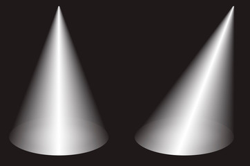 Set of two white conical light source isolated on black background for your design in lighten mode. Stage spotlight at an acute and at a right angle. EPS10 vector illustration.