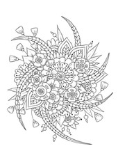Hand drawn backdrop. Coloring book, page for adult and older children. Black and white abstract floral pattern. Vector illustration. Design for meditation.