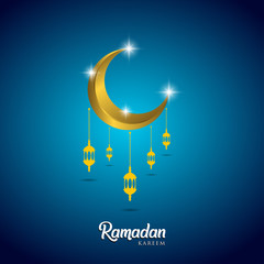 Ramadan kareem greeting card design. with arabic lanterns and golden ornate crescent. on blue background, EPS 10 - vector, Jpeg High Resolution 300 DPI