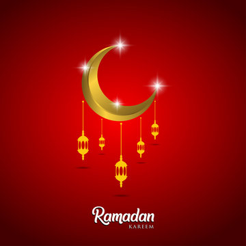 Ramadan kareem greeting card design. with arabic lanterns and golden ornate crescent. on red background, EPS 10 - vector, Jpeg High Resolution 300 DPI