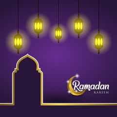 Ramadan kareem greeting card design. with golden ornate crescent and mosque dome. on purple background, EPS 10 - vector, Jpeg High Resolution 300 DPI
