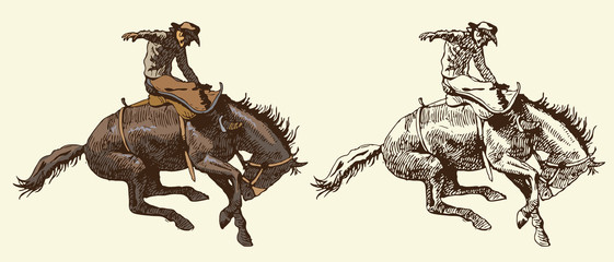 Naklejki  Drukuj kowboj jadący na dzikim koniu mustang zaokrąglając kopiącego konia na rodeo szkic graficzny szkicując grafikę