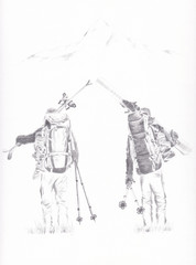 Two skiers heading out on a ski mountaineering hike pencil drawing