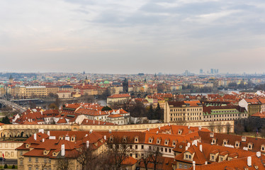 Prague, Czech Republic. View of rooftops of historical buildings on winter of Old Town from Prague Castle view point.