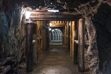 Underground corridor in an old gold mine and arsenic - obrazy, fototapety, plakaty