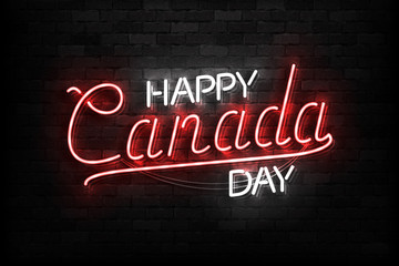 Vector realistic isolated neon sign of Canada Day typography logo for template decoration and layout covering on the wall background.