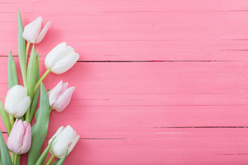 Obraz na płótnie Canvas tulips flowers on pink wooden background