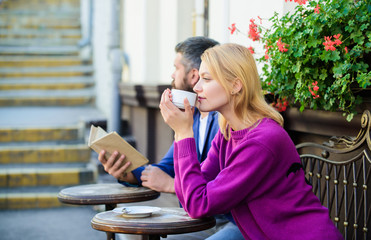 Strangers meet become acquaintances. Meeting people first date. Couple terrace drinking coffee....