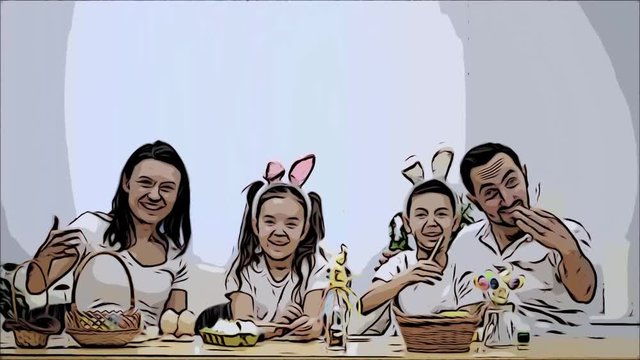 Happy and cheerful family: mother, father and two kids are smiling widely and share their positive emotions on the white background. Family kindly invites to spend fun time with them showing a gesture