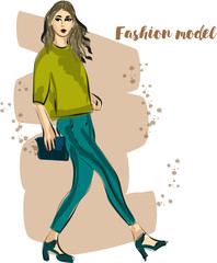 Fashion sketch of girl in green jacket