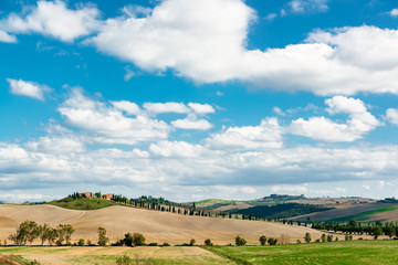 Fototapeta premium Landschaft der Crete Senesi, einem Getreideanbaugebiet mit karstigen Abschnitten, hier im Herbst mit abgeernteten Feldern