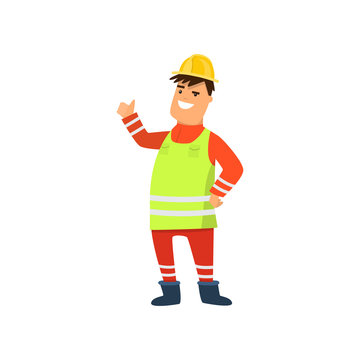 Happy smiling road worker in yellow uniform isolated on white