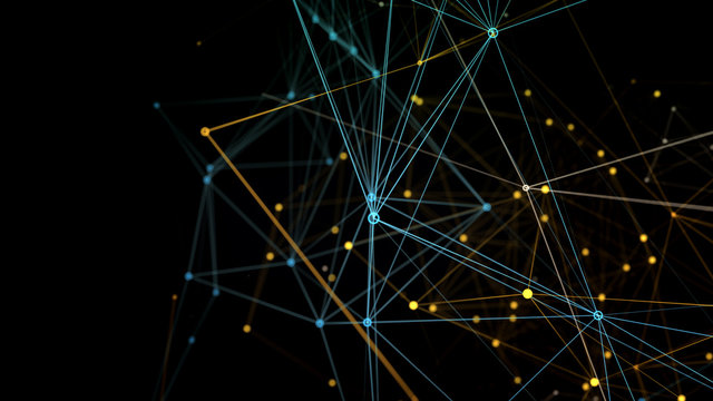 Colourful network 3d illustration, blue and yellow orange lines and dots connected