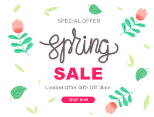 Spring sale background with vintage leaves and flowers. Vector illustration