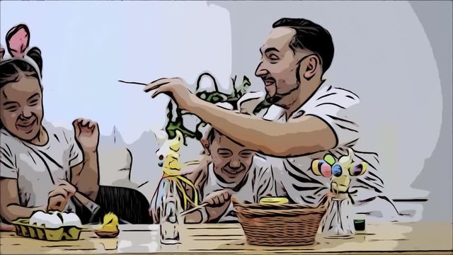 Father is with his kids: daughter and son, who are wearing bunny ears, sitting at the holiday table and holding in their hands paint-brushes. Family members are trying to paint faces of each. Animated