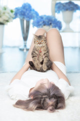 cute young cat sitting on lady chest and look at camera,pet or cat lover concept.