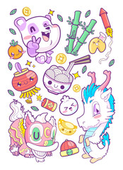 Obraz na płótnie Canvas cute china sticker set doodle vector