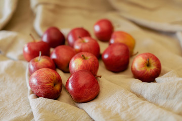 Red apples background. Heap of ripe red apples on vintage background. 