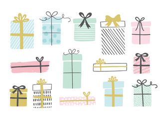 Gift boxes set, hand drawn doodle style. Birthday party. Vector illustration for greeting cards, invitations, posters. 
