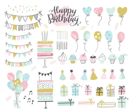 Set of birthday party design elements. Vector illustrations. Party decoration, balloons, gift box, cake with candles, confetti, party hats, cupcakes, bunting banners.