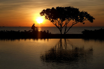 Obraz premium Silhouette of man riding bicycle in the morning with reflection from pool