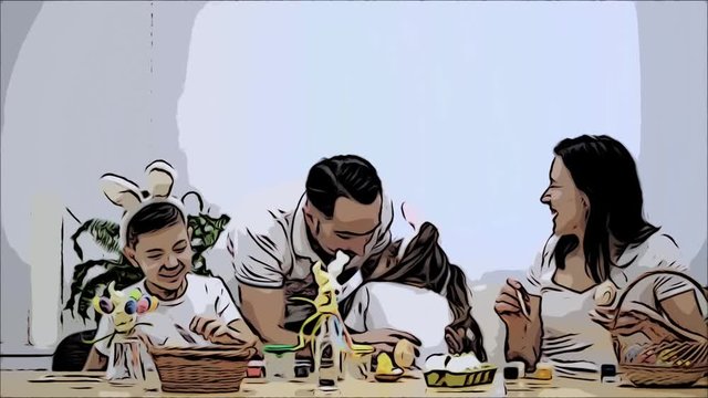 Father is hugging his kids: daughter and son, who are wearing bunny ears, sitting at the holiday table full of Easter decorations. Family members are smiling simultaneously. Animated video. Scatch