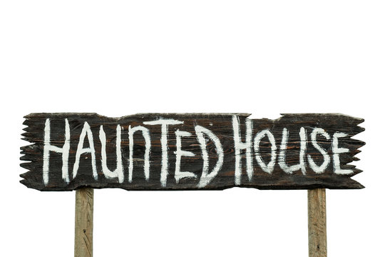 Old scary wooden haunted house board sign isolate on white background