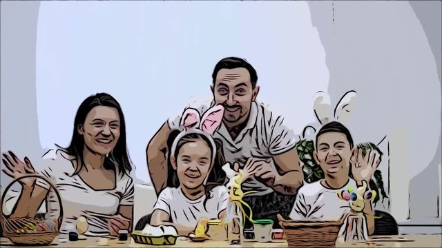 Happy and satisfied family is celebrating Easter holiday. They are moving to left and right in turn. Pleased family members are waving their hands smiling. Animated video. Scatch.
