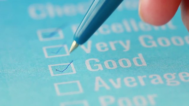 Customer checklist survey excellent form for feedback satisfaction mark over application blue forms document with red pencil. Opinion question button for filling check mark for business