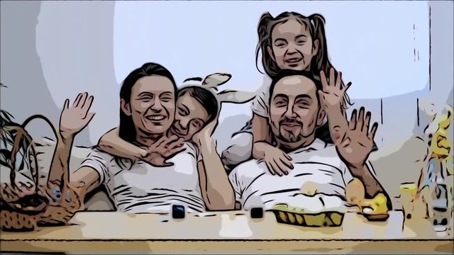 Cute adorable children are hugging their parents standing behind them. Little girl is sitting on the sofa. Each family member is waving cheerefully. Family true love. Animated video. Scatch. Concept