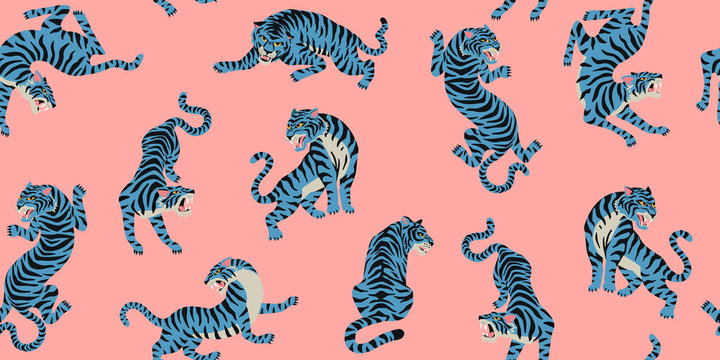 Vector seamless pattern with cute tigers on the pink background. Fashionable fabric design.