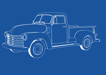 drawing pickup car on a blue background vector