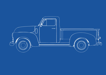 drawing pickup car on a blue background vector