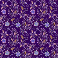 Seamless purple pattern with paisley and flowers. Traditional ethnic ornament. Vector background.