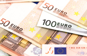 Closeup macro view of euro banknotes