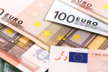 Closeup macro view of euro money. One hundred and fifty euros banknotes