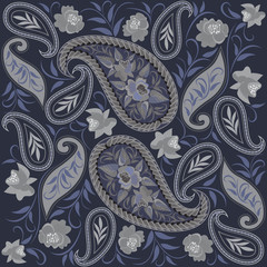Seamless grey and blue  pattern with paisley and flowers . Vector background. Use for pattern fills, textile design, wallpaper.
