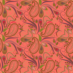 Fototapeta na wymiar Seamless pink indian picture with paisley. Vector pattern.