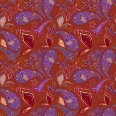 Seamless colorful ethnic pattern with paisley and butterflies . Vector background. Use for pattern fills, textile design, wallpaper.