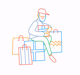 Bearded man and shopping bags with purchases. Sale at store. Thin line flat design, vector illustration in bright colours.
