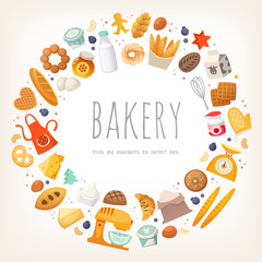 Group of dairy products, bread and bakery goods and ingredients arranged in circle border. Vector illustration