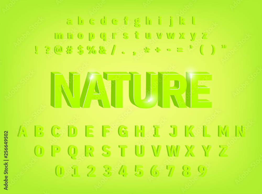Fototapete 3d alphabet nature bold font effect fresh green with numbers and symbols typeface design