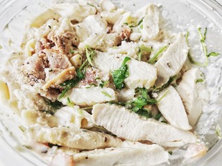 Shop bought chicken and bacon pasta salad.
