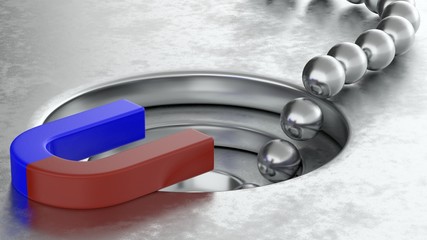 3D rendering of metal balls arrange with magnet and funnel conversion rate concept, 3d illustration