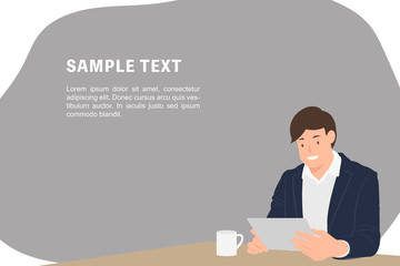 Cartoon people character design banner template handsome young businessman watching tablet sitting by the desk in a coffee shop